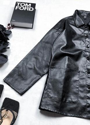 Роскошный стильный тренч бомбер shein из эко-кожи на металлических пуговицах с накладными карманами5 фото