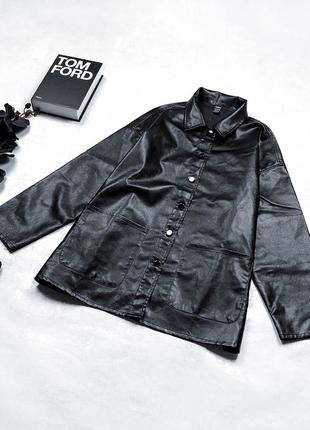 Роскошный стильный тренч бомбер shein из эко-кожи на металлических пуговицах с накладными карманами6 фото