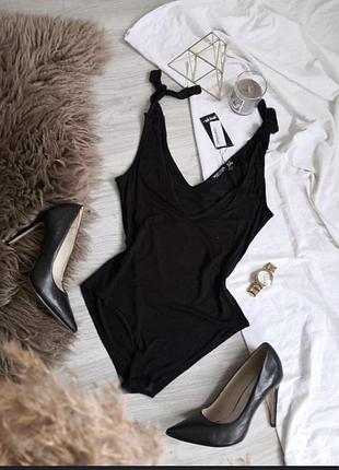 Черный боди с v вырезом, бантики на бретелях 🖤 nasty gal 🖤 р. 12 (m/l)
