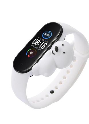 Ремешок силиконовый mrk для фитнес браслета xiaomi mi band 5 6 - 3d мишка 03 белый (mrk2309)