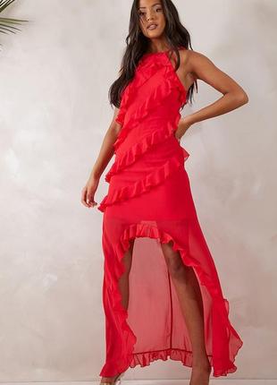 Червона довга вечірня максі сукня з рюшами3 фото