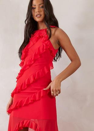Червона довга вечірня максі сукня з рюшами4 фото