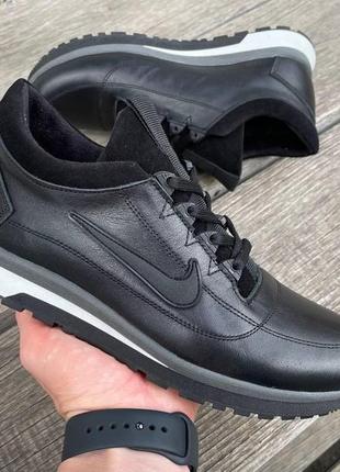 Кожаные мужские кроссовки зимние nike утепленные шерстью ботинки найк