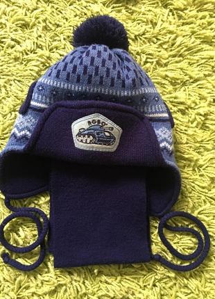 Зимний набор шапка с шарфом для мальчика синий с голубым / теплая шапка на завязках с ушками и шарфом3 фото