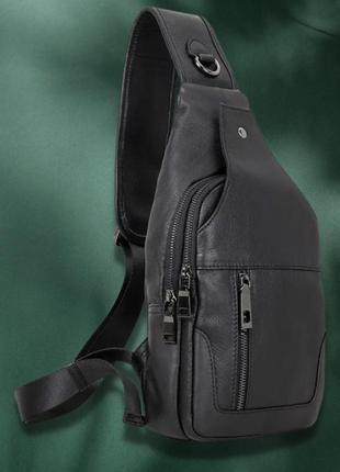 Стильная и практичная, черная, мужская сумка слинг из натуральной кожи