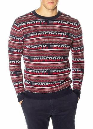 Мужской свитер с длинным рукавом superdry downhill jacquard crew, темно-синий/красный2 фото