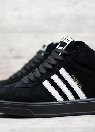 Кросівки чоловічі зимові adidas gazelle нубук вологозахищений утеплені вовною кеди чорні