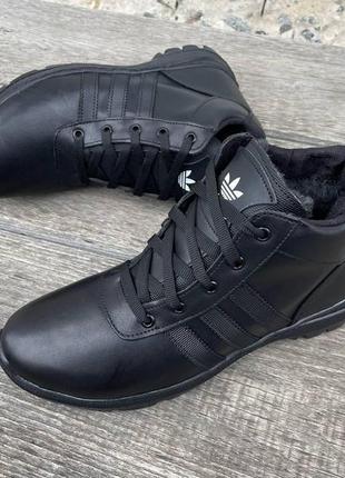 Чоловічі шкіряні кросівки зимові adidas високі з натуральної шкіри, утеплені вовною чорні7 фото