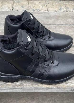 Чоловічі шкіряні кросівки зимові adidas високі з натуральної шкіри, утеплені вовною чорні5 фото