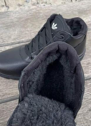 Мужские кожаные кроссовки зимние adidas высокие из натуральной кожи утепленные шерстью черные8 фото