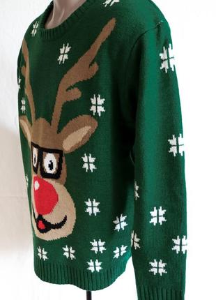 Мужской новогодний свитер зеленый с оленем рождественский теплый санта клаус унисекс l-xl 48-502 фото