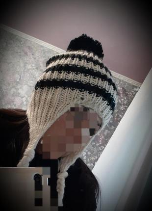 Хиппи! 🦓 шапка вязанная с косичками с косами завязками викинг с бубоном в полоску черно-белая крупная вязка7 фото