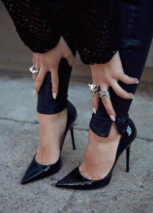 Натуральные лаковые черные лодочки классические туфли на высоком каблуке9 фото