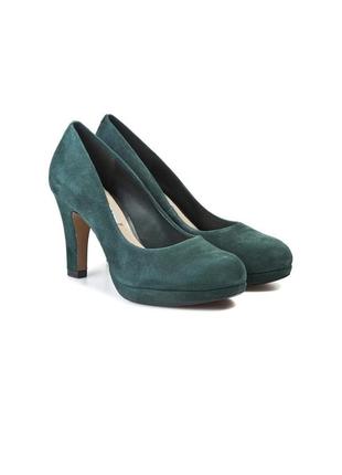 Натуральные замшевые зеленые лодочки классические туфли на среднем каблуке