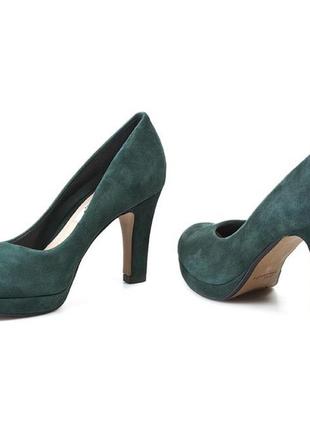 Натуральні замшеві зелені човники класичні туфлі на середньому каблуці2 фото