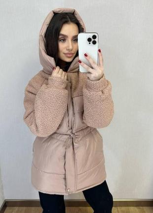 Модная зимняя куртка женская, теплая курточка комбинированная, бежевая куртка с поясом3 фото