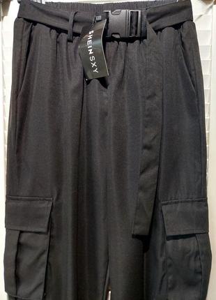 Брюки черные штаны карго с карманами и поясом9 фото