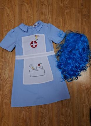 Карновальное платья халат медсестры +парикна 9-10лет3 фото