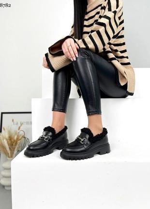 Зимние лоферы с мехом teddy, черные, натуральная кожа