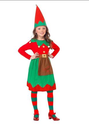 Карнавальний маскарадний новорічний костюм сукня різдвяний ельф, ельфійка, помічниця санти для дічинки 7, 8, 9, 10, 11