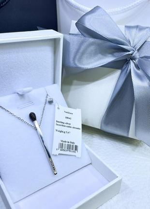 Серебряное ожерелье с подвеской в форме спичке с камешками спичка с чёрными камнями камешки серебро проба 925 новое с биркой италия
