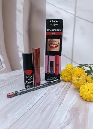 Nyx professional makeup lips never lie red (lipstick/3,5g + l/pencil/1g + lip/gloss/8ml)