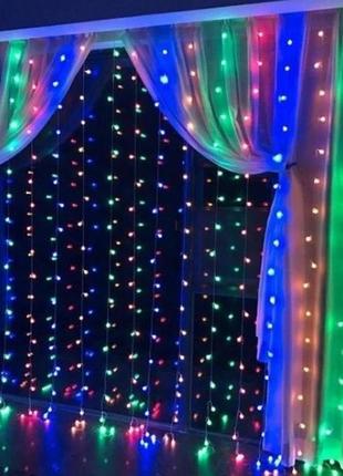 Праздничная гирлянда штора занавеска для окна 160led 2х2м многоцветные цветные диоды multicolor4 фото