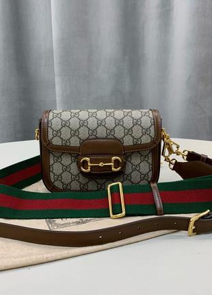 Женская коричневая кожаная текстильная сумка в стиле gucci horsebit 1955 gg supreme гуччи гучи