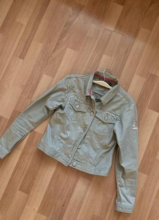 Джинсова куртка колір хакі коротка джинсова куртка з написом розмір xs s2 фото