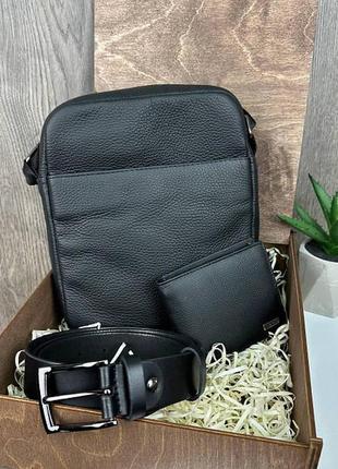 Подарочный набор мужская кожаная сумка планшетка + кожаный ремень + кошелек портмоне