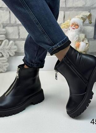 Зимові жіночі шкіряні ботинки чорного кольору, трендові жіночі черевики на блискавці