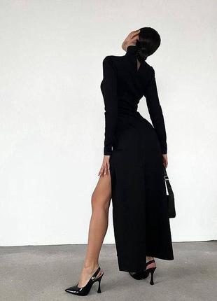 Женственное эффектное платье миди длинное с разрезами на ногах и длинными рукавами облегающая свободного кроя черная крепдайвинг2 фото