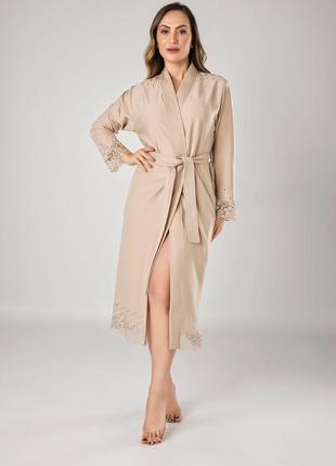 Женский халат nusa 8670-1, трикотажный с кружевом, бежевый 2xl