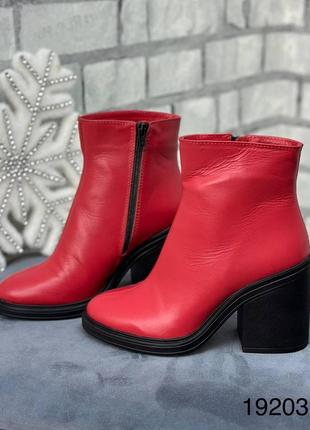 Зимові жіночі шкіряні ботинки червоного кольору, трендові жіночі черевики на підборах9 фото