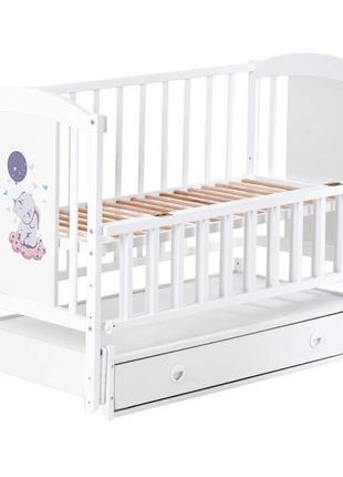 Кроватка для новорожденных лили "слоник" шарнир-подшибник с откидной боковиной+ящик