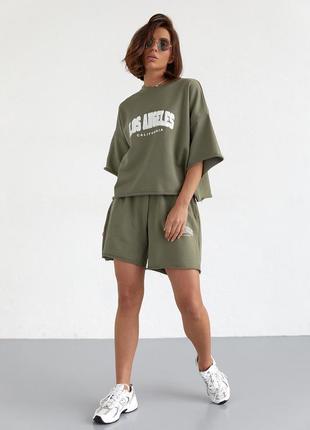 Спортивний комплект с шортами и принтом los angeles - хаки цвет, s (есть размеры)