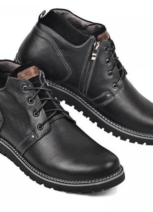 Розмір 47 - устілка 31,5 сантиметра  чоловічі зимові комфортні шкіряні черевики на хутрі, чорні  maxus 822 фото