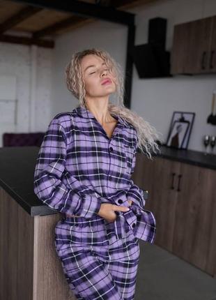 Женская пижама в клетку фланелевая теплая 42 фиолетовая3 фото