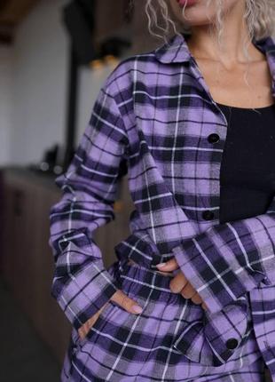 Женская пижама в клетку фланелевая теплая 42 фиолетовая7 фото