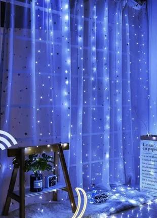 Светодиодная новогодняя гирлянда-штора капля росы 3х3м 300led usb с ду пультом холодный белый свет1 фото