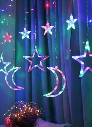Светодиодная новогодняя праздничная гирлянда-штора со звездочками и месяцами водостойкая (ip44) разноцветный с4 фото