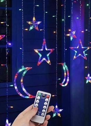 Светодиодная новогодняя праздничная гирлянда-штора со звездочками и месяцами водостойкая (ip44) разноцветный с3 фото