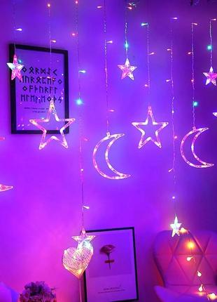 Светодиодная новогодняя праздничная гирлянда-штора со звездочками и месяцами водостойкая (ip44) разноцветный с1 фото
