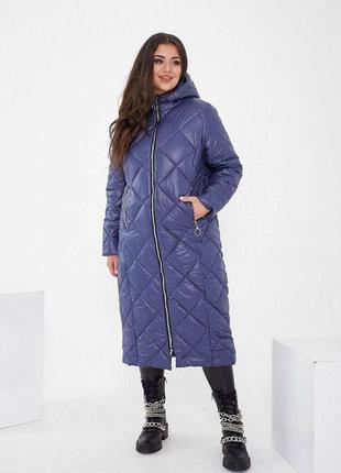 Женская зимняя длинная стеганая куртка на молнии с капюшоном большие размеры 48-628 фото