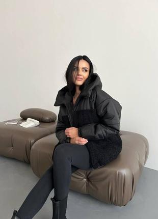 Зимова жіноча тепла куртка баранчик з капюшоном модна курточка тедді на блискавці синтепон 300 єврозима 42-488 фото