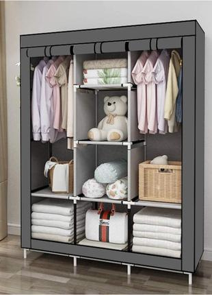 Каркасна тканинна шафа для одягу hcx storage wardrobe 88130 на 3 секції сірий1 фото