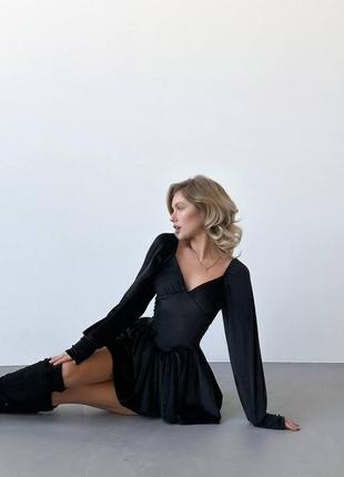 Платье-комбинезон женское мини черное бархатное6 фото
