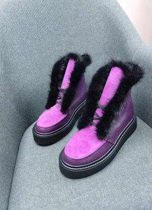 Высокие хайтопы ботинки фиолетовые опушка норка натуральная кожа замш 36-41 зима лето2 фото