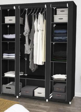 Каркасна тканинна шафа для одягу 12 полиць та вішалки hcx storage wardrobe 68150 мобільна складана шафа чорний2 фото