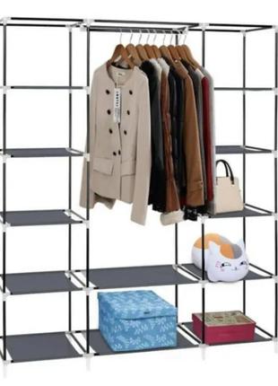 Каркасна тканинна шафа для одягу 12 полиць та вішалки hcx storage wardrobe 68150 мобільна складана шафа сіра4 фото